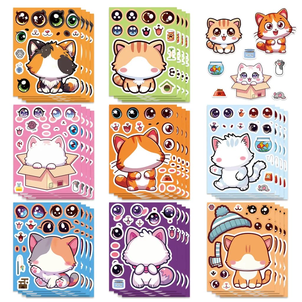 8 adesivi per vestire il gattino carino - Puzzle di cartoni animati Giocattoli per bambini, decalcomanie decorative impermeabili per notebook Tazza d'acqua Negozio AnimeWorlds