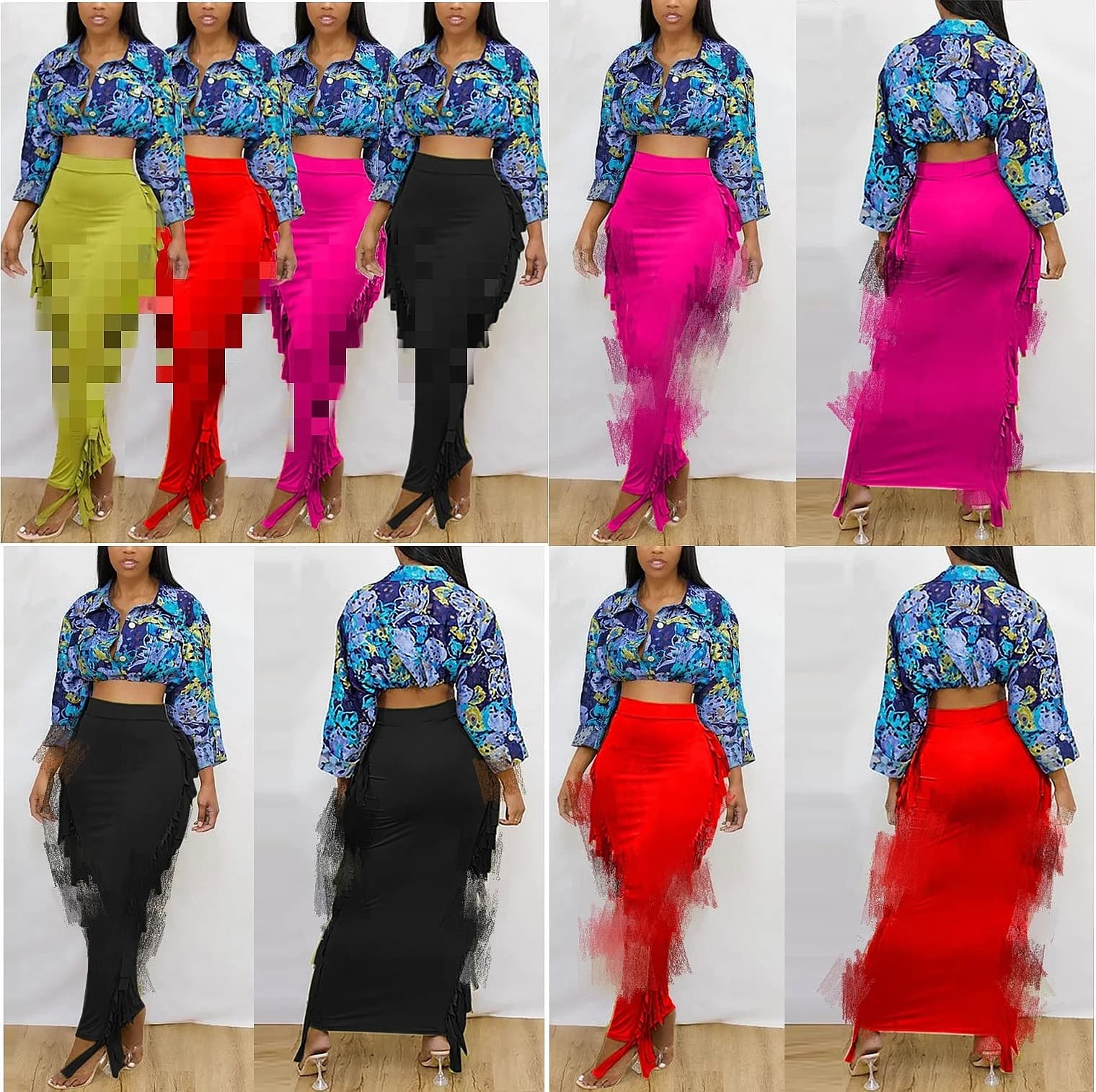 Sexy Side Slit Fringe Solid Pencil Skirts Bodycon Long Skirt Women Summer Spring Tops Matching Set