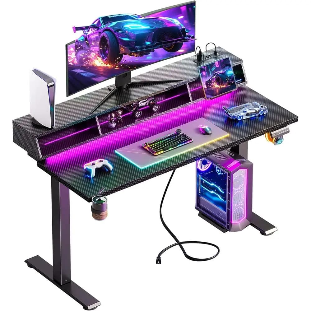 Scrivania Elettrica Regolabile in Altezza con 48 Luci LED, Presa di Corrente e Supporto Monitor, Nera