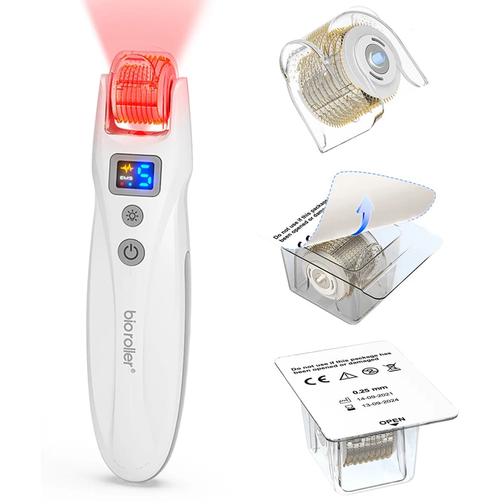 Kit Rullo Microneedle Bioroller G5 EMS, Penna per Microaghi con Vibrazione, Rullo per Massaggio Viso con Luce LED, Strumento per la Cura della Pelle