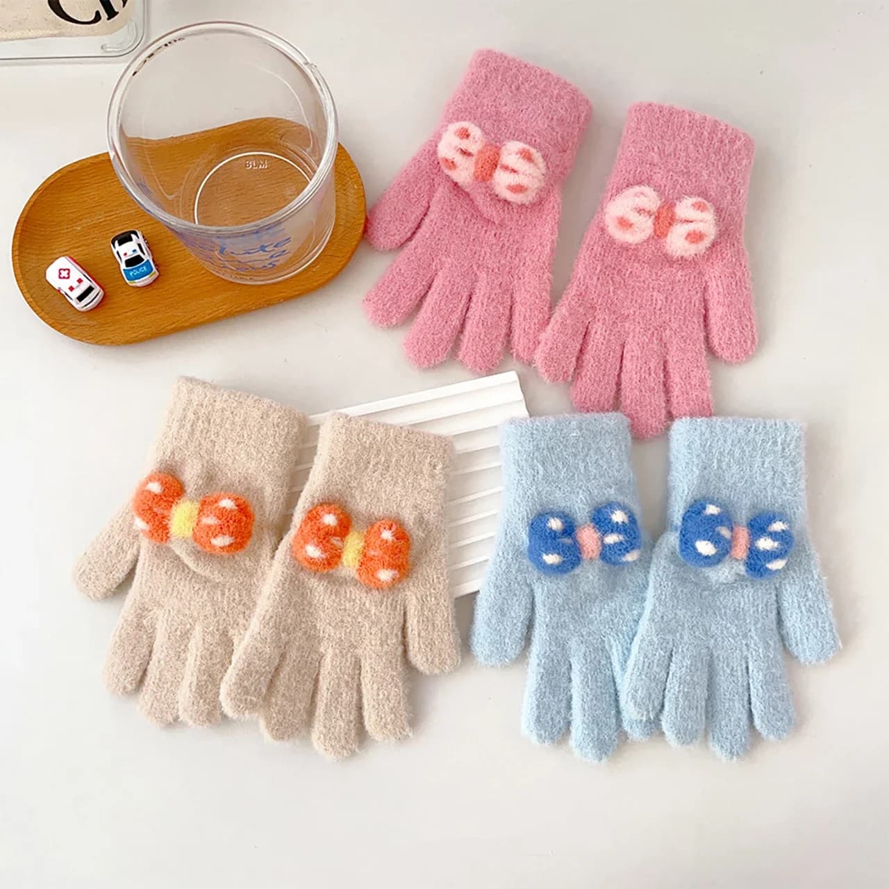 Cute Bowknot Girl Gloves Winter Children Split Finger Mittens Kids Knit Glove Hand Warmer For Cycling Writing