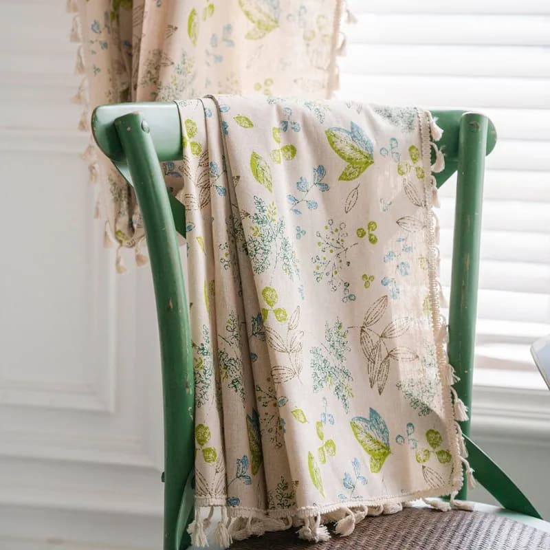 Cotton Linen Green Leaves Printing With Tassel Window Curtain Semi-shading Drapes for Living Room Bedroom Kitchen Door Drapes