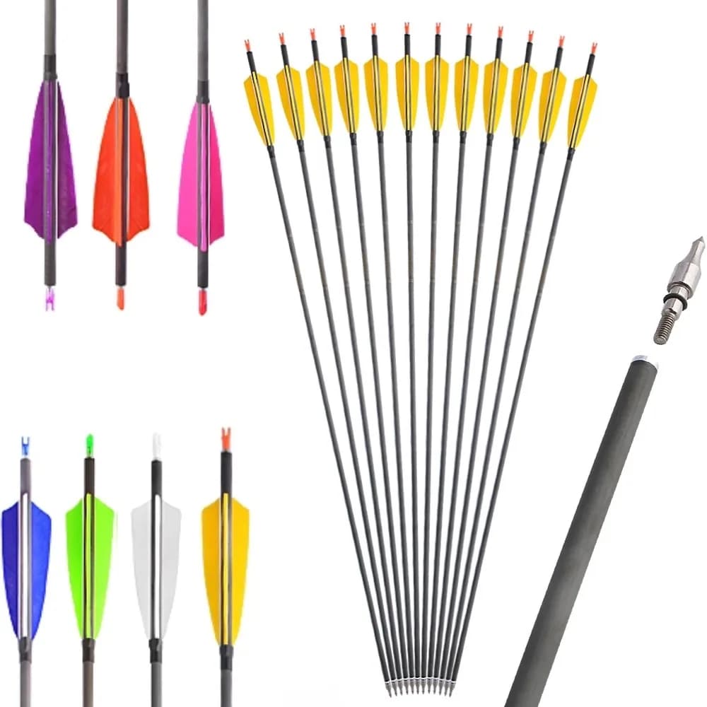 35 "Colonna vertebrale 400 Tiro con l'arco Frecce in carbonio 4" Piume naturali 100Gr Punte ID6.2mm Albero Arco Freccia Tiro Caccia Bersaglio 6/12 pezzi Freccia