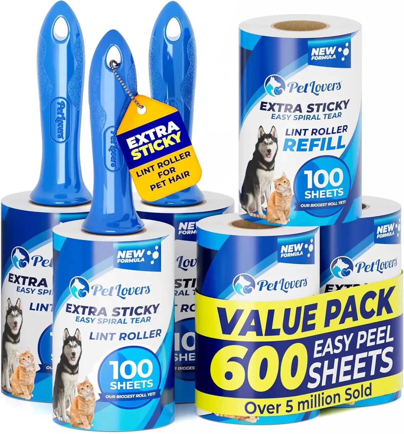 Set di Rulli Adesivi Extra Forti con 600 Fogli per Rimozione Peli di Animali Domestici, Confezione da 6 per Cani e Gatti