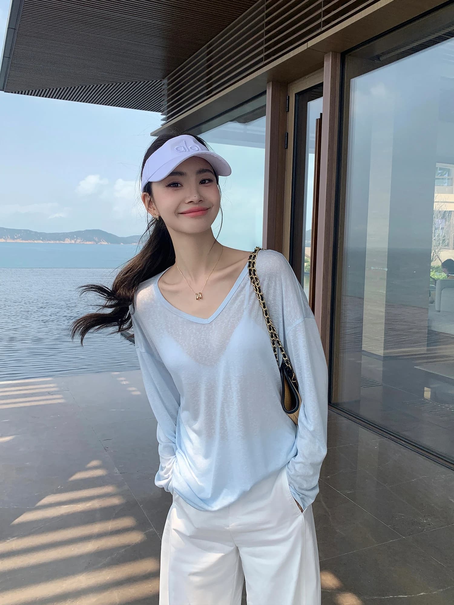 Pusumede Casual Style Long Sleeve T-Shirt Women's Loose Fit V-Neck UV Protection See-through Lace-like Fabric Summer Top
