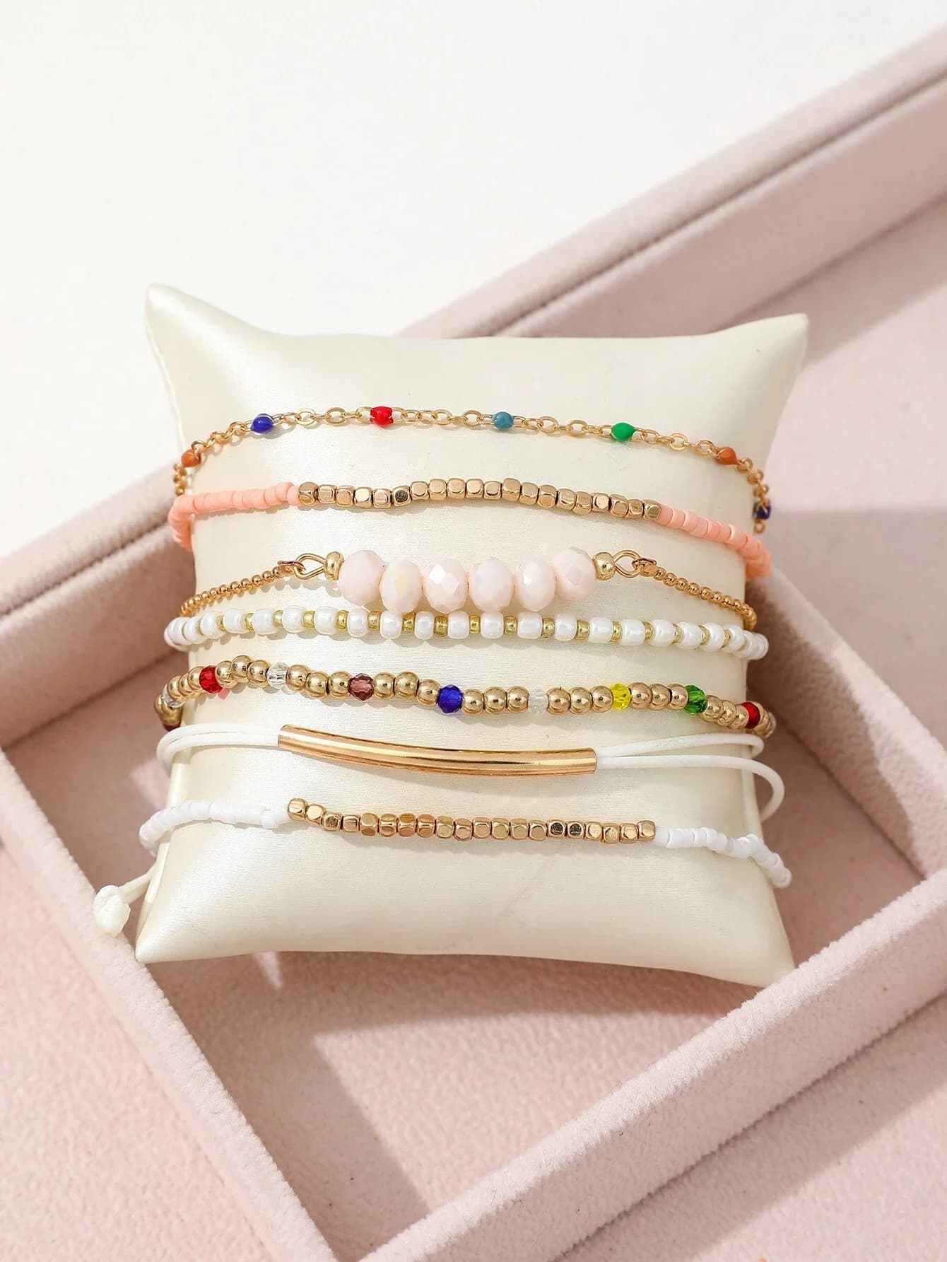 Set di 7 braccialetti con perline miste per donna, stile boho, catena e cordino colorati