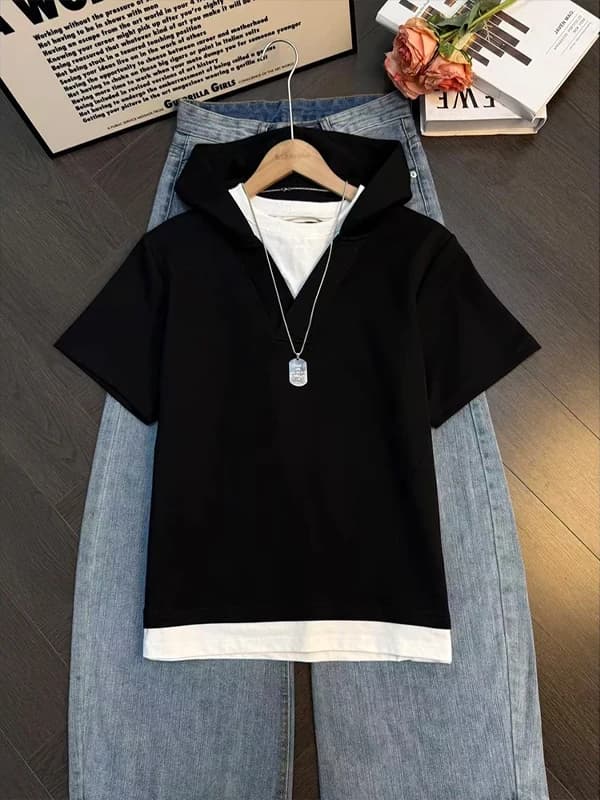 American Lazy Style V-Neck Hoodie Short Sleeve Fake Two-Piece Couple T-Shirt Summer Splicing Design Casual Loose Fit Cotton Tee