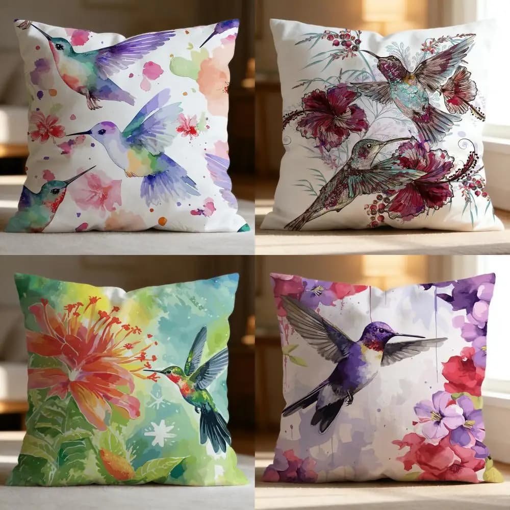 Fodera per cuscino H-HHummingbird con fiori primaverili, morbida e lavabile, multiuso per divano, letto, viaggi e ufficio