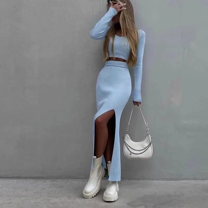 Gonna due pezzi Set donna Sexy Maxi gonna Set Y2K Crop top e aderente a vita alta gonna lunga abiti Streetwear Lady Suit 2024