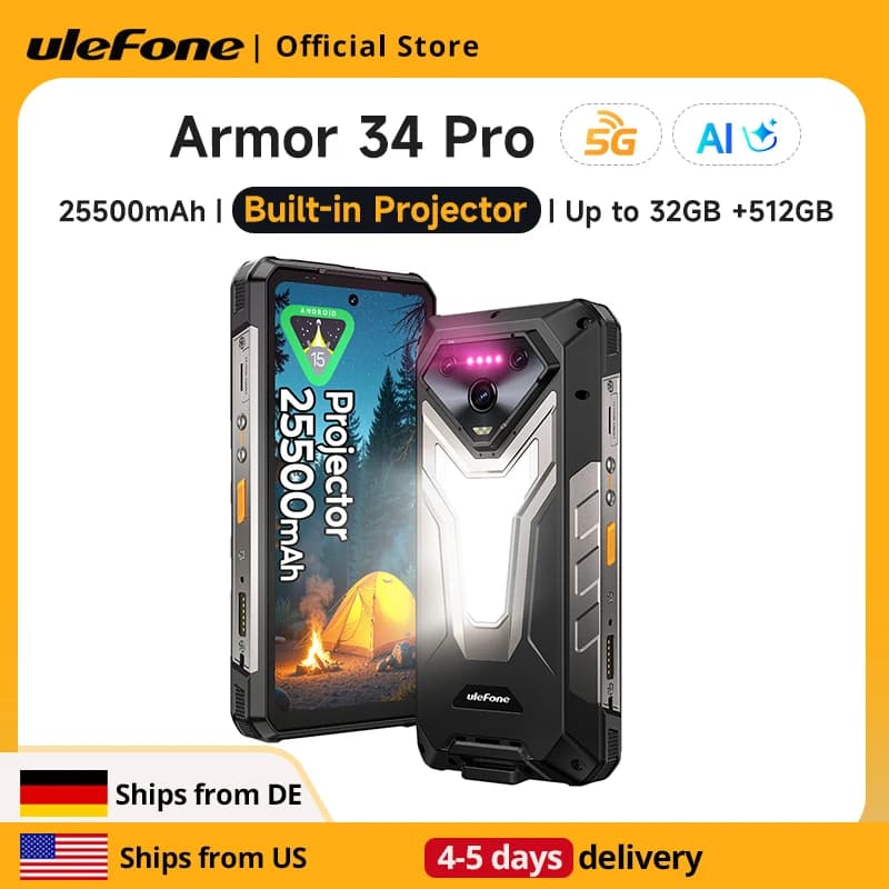 Smartphone Ulefone AI Armor 34 Pro 5G 25500mAh 512GB ROM Proiettore integrato 120Hz 6.95" Smartphone NFC Luce LED IP69K Telefono cellulare
