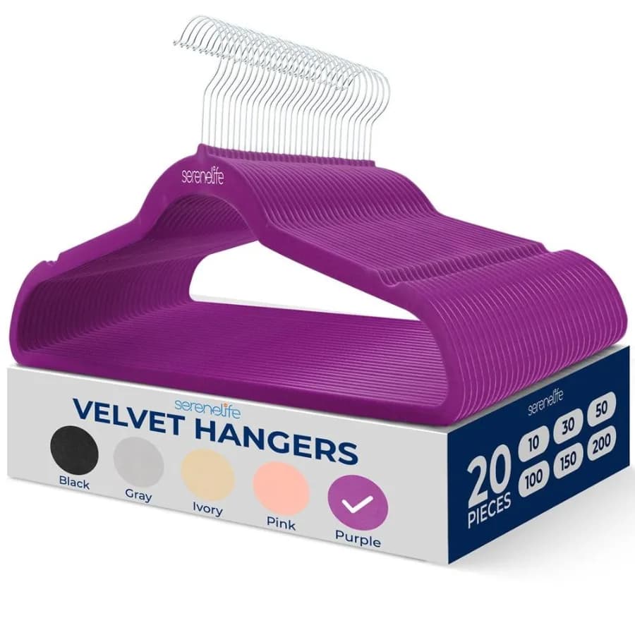 20 Pcs. Velvet Hangers - Non-Slip Sturdy and Heavy Duty Coat Set with 360° Swivel Hook for Clothes Purple