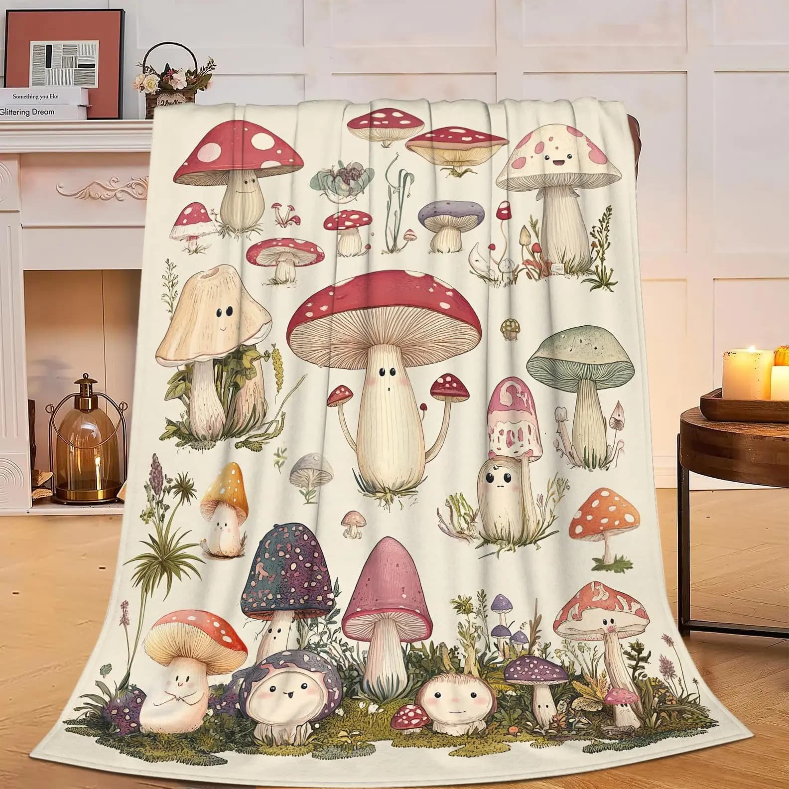 Simpatica coperta stampata con funghi vintage per divano letto, viaggio, campeggio, soggiorno, ufficio, coperta per regali per tutte le stagioni