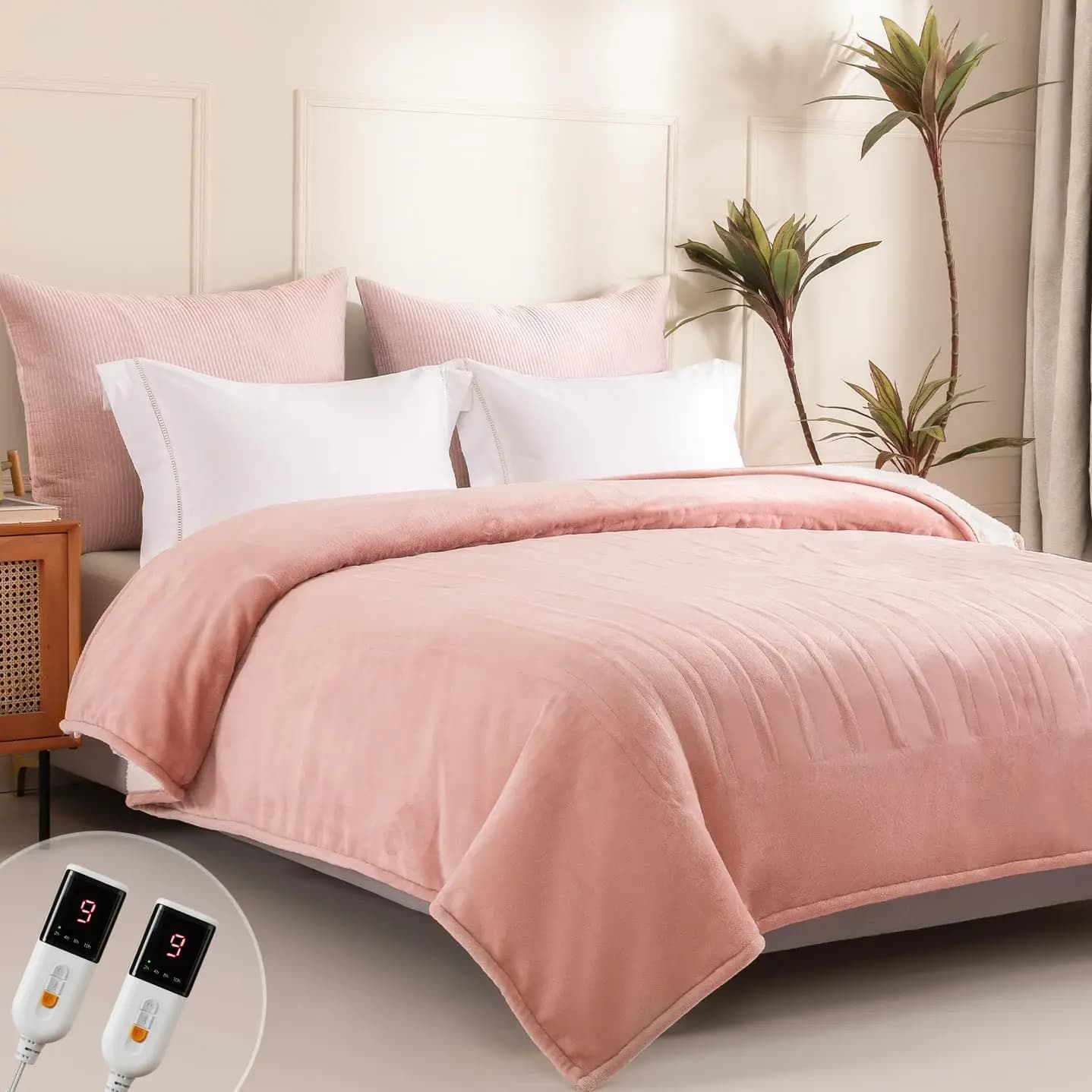 Coperta riscaldata king size con doppi controller, 9 impostazioni di calore, spegnimento automatico e lavabile - rosa caramello