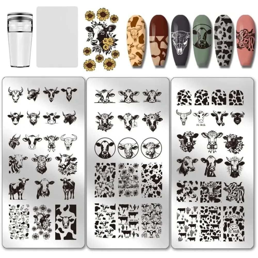 3 Pieces Theme Nail Stamping Plates Cow 56 Models Stencil Cow Macchie for nail art Artistic Models for manicure cute animals Nails Leopardate