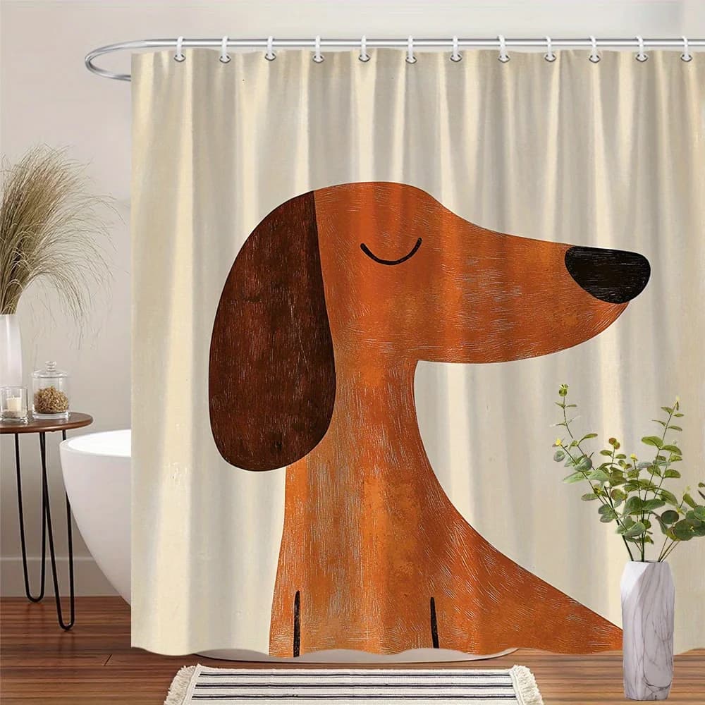 Minimalist Dog Shower Curtain – Dachshund in Geometric Orange Brown, Modern Pet Lover Gift Decor, Hooks Multiple sizes