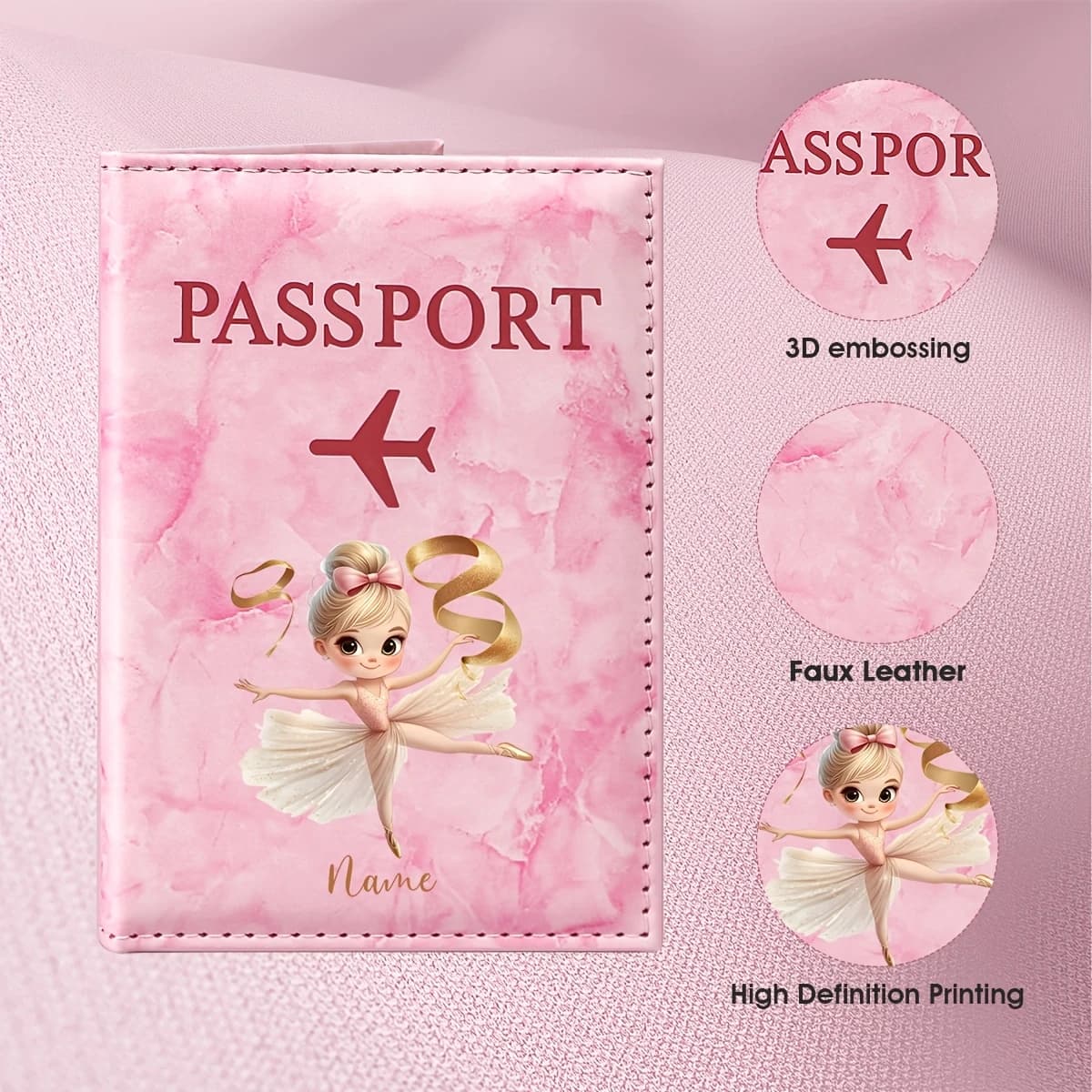 Custom Name Elegant Ballet Dancer Illustration Design PU Passport Holder, Featuring Artistic Beauty with Golden Numbers And Name