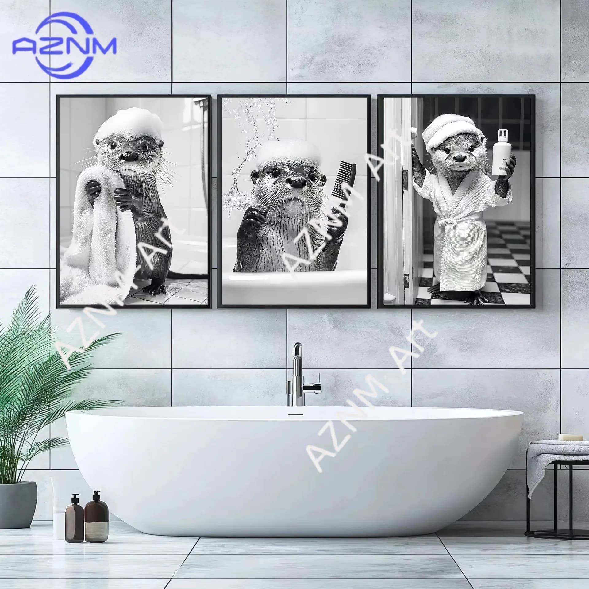 1 Pezzo/3 Pezzi Decorazione Nordica Moderna in Tela per Bagno con Motivo di Lontra Bianca e Nera per Spazzolino e Dentifricio