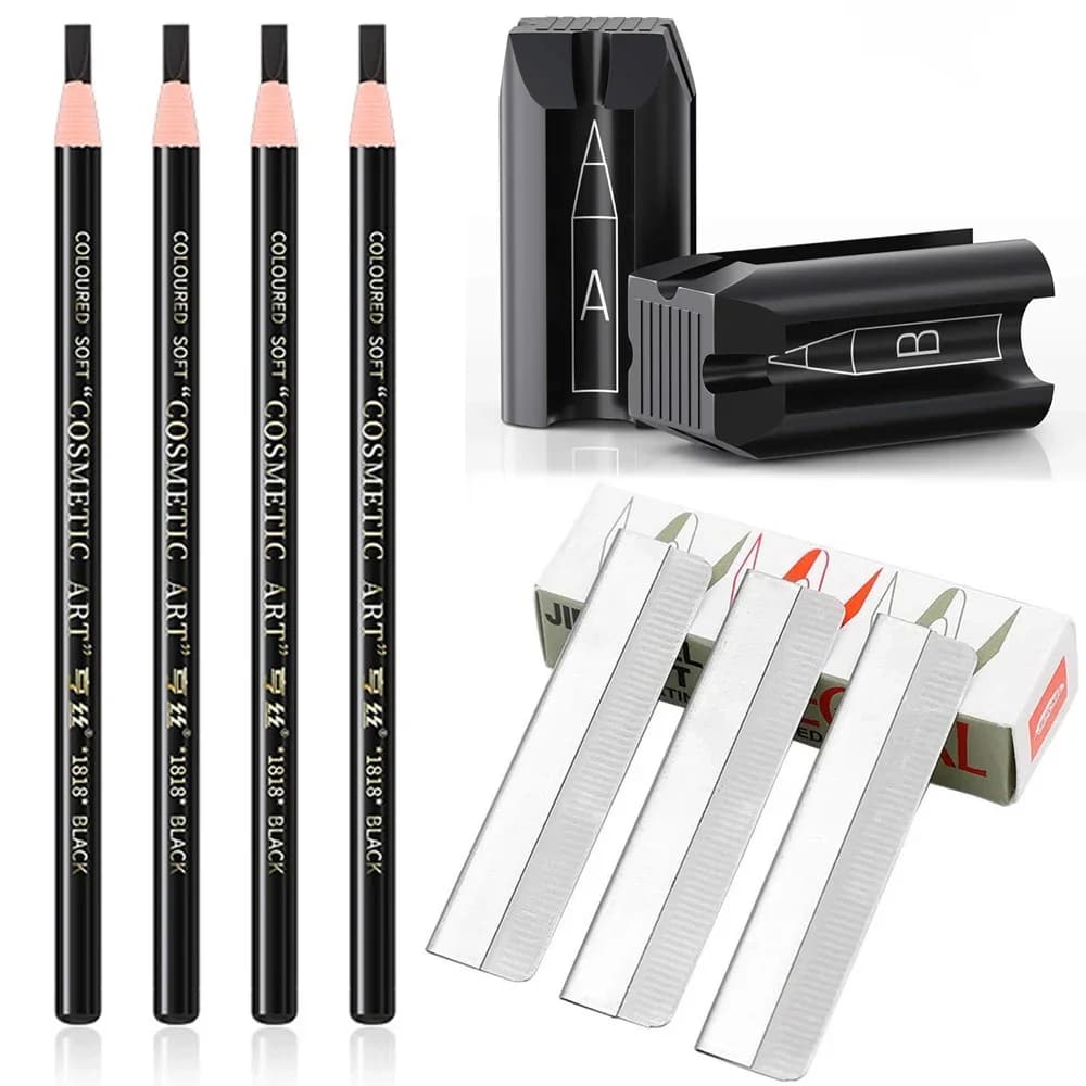 Eyebrow Pencil With Eye Brow Sharpener 10Pcs Brow Trimmer Blade Makeup Eyebrow Enhancers Trimmer Microblading Supplies Set Tools