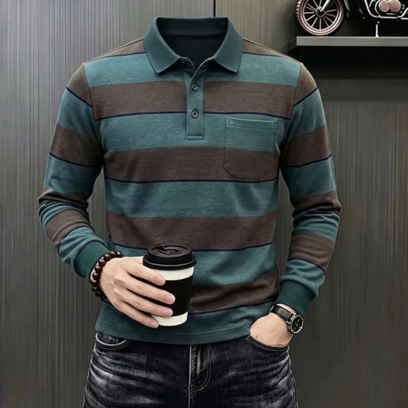 Business Classic Striped Printed T Shirt Men Long Sleeve Polo Shirts Autumn Comfortable Fit Button Polo Collar Tops Man Pullover
