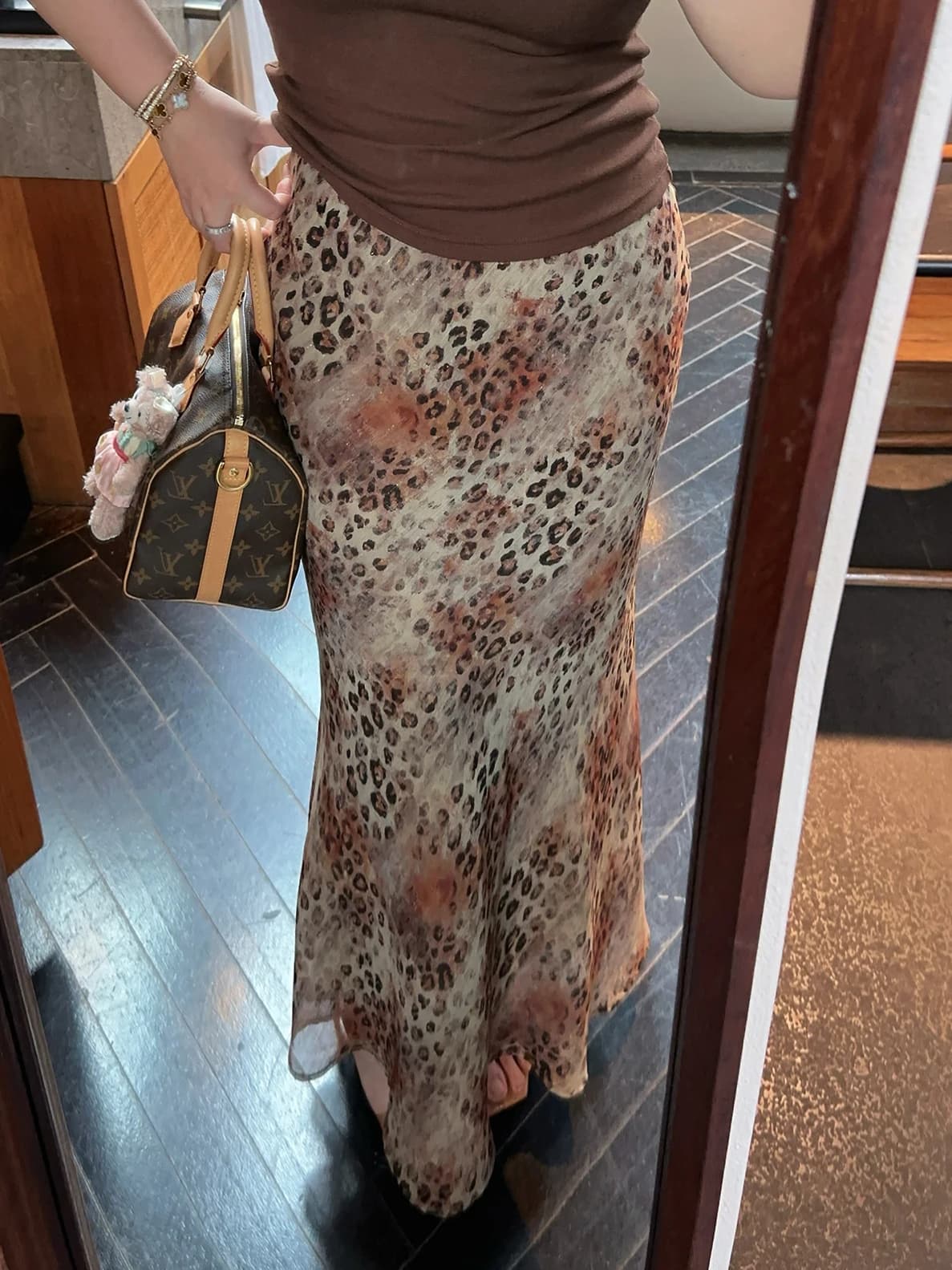 Retro Elegant Large Size Chiffon Print Slimming Holiday Fish Tail Skirt High Waist A-Line Long Skirt Summer Autumn Casual Wear
