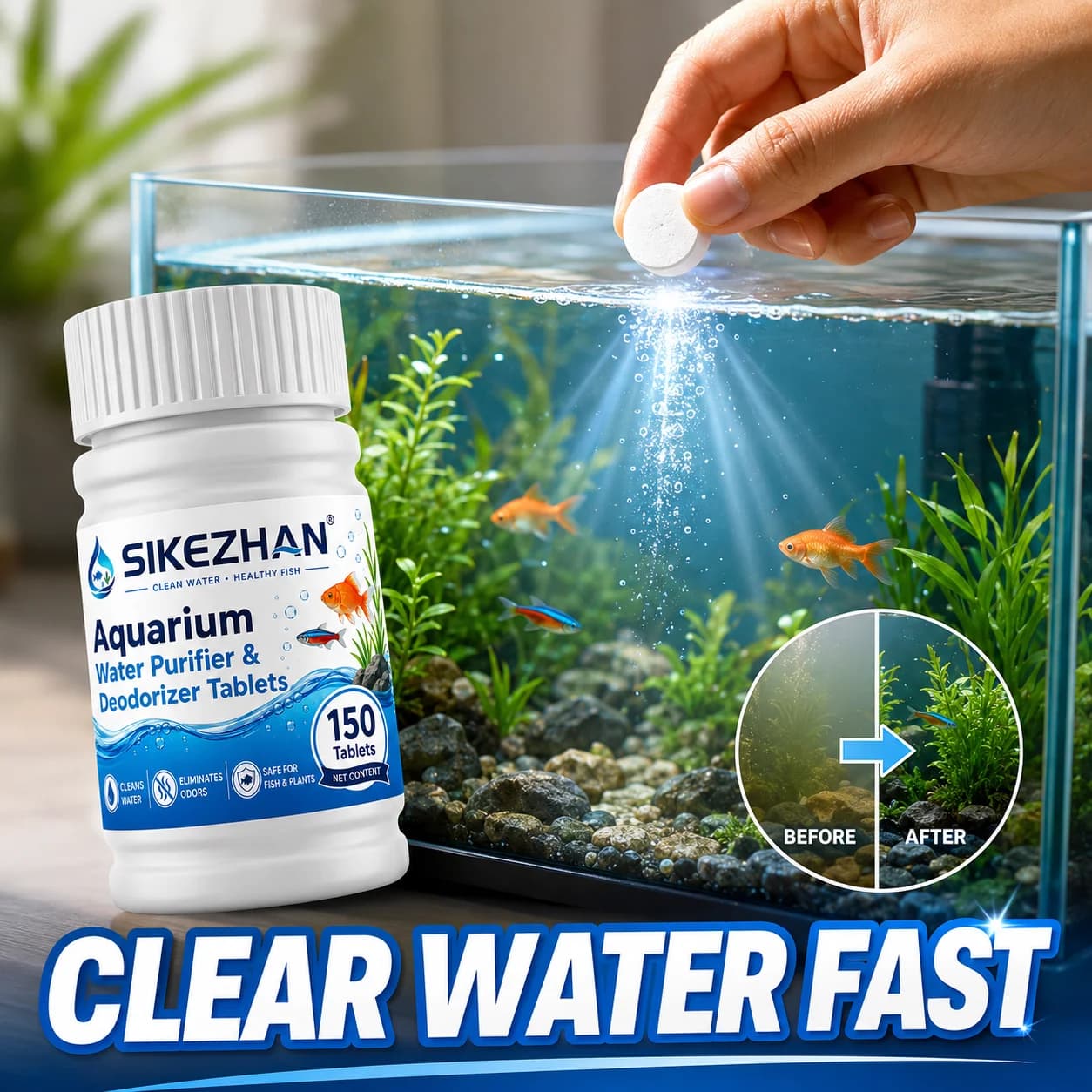 SIKEZHAN 150 Pcs Aquarium Cleaning Tablets, Fast-Dissolving Fish Tank Water Purifier & Odor Eliminator for Crystal Clear Water