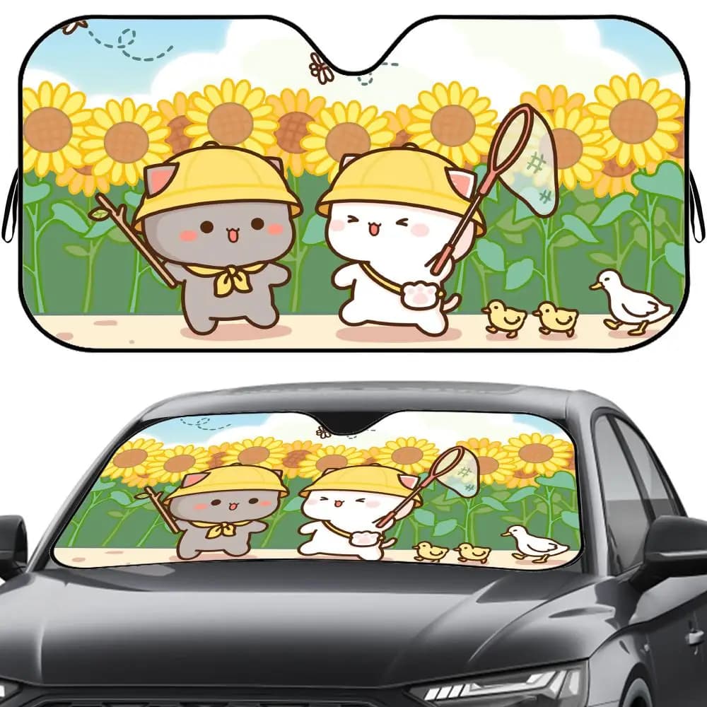 Parasole per auto Honey P-Peach Cat Cartoon, riutilizzabile, in lamina di alluminio, protezione UV, isolamento termico a cinque strati, parabrezza parasole