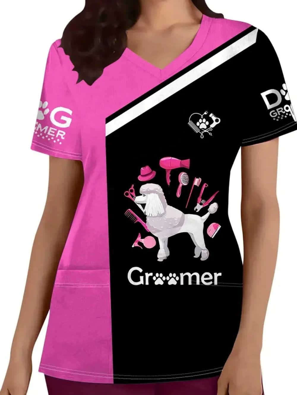 Uniformi chirurgiche Donna Veterinaria Modello di cane Stampa Infermiera Top Moda con tasche Abiti con scollo a V Scrub medico Donna Tees