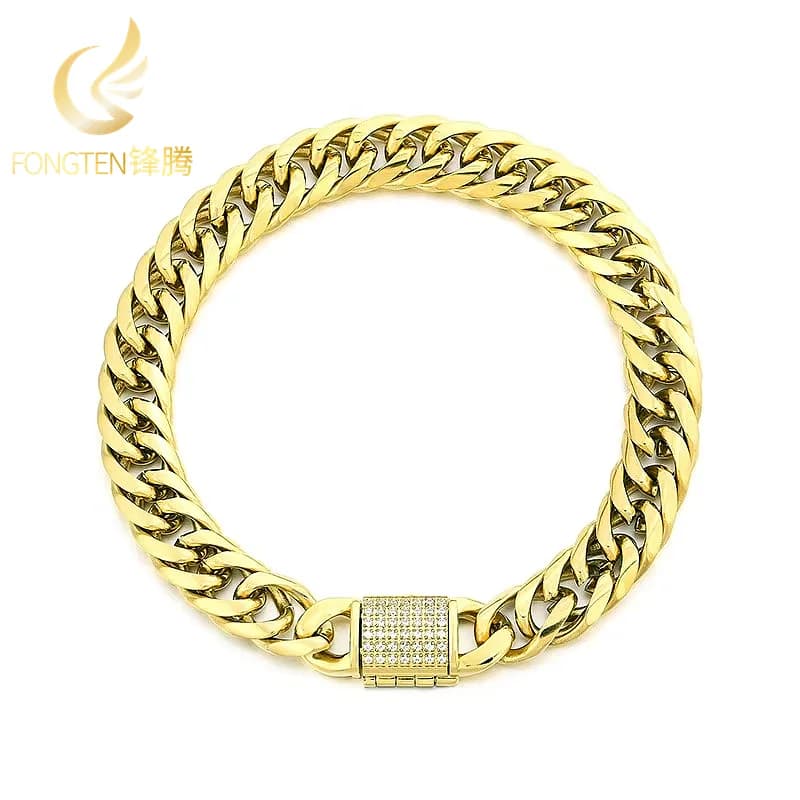 Fongten 9mm CNC Bracciale con ciondolo con strass per uomo Catena cubana in acciaio inossidabile Equitazione Crop Chain Curb Bracciale Bracciale da uomo Gioielli