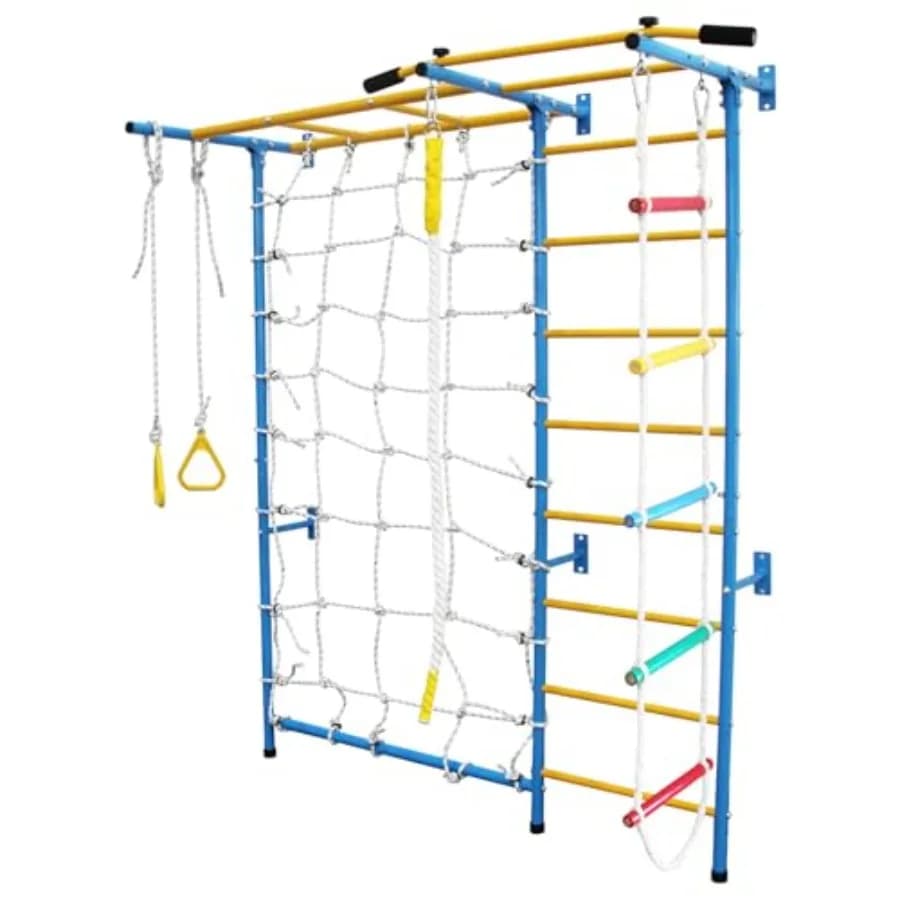Set of Gym 7 in 1 in Metal for Indoor Exercises with Blue Solid Wall, Includes Traction Bars, Corda Scale and Traction Bar