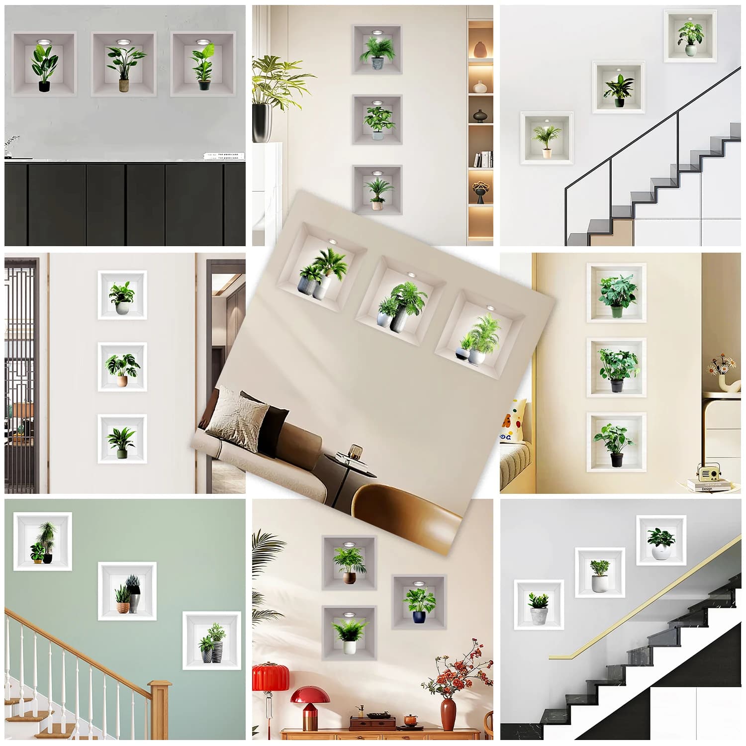 3pcs/set Plant Potted Plants Cabinet Stairway Entrance Hall Decor Wall Stickers Peel & Stick Frameless Wall Art Mural Decals