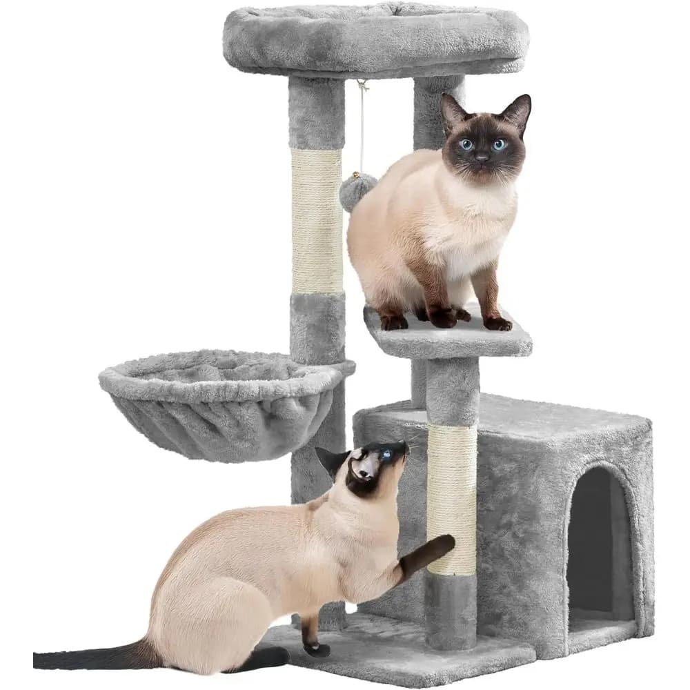 Cat Tree Multi Level Climbing Tower Indoor Cats Pet Activity Center Scratching Post Furniture Bed with Basket Light Gray