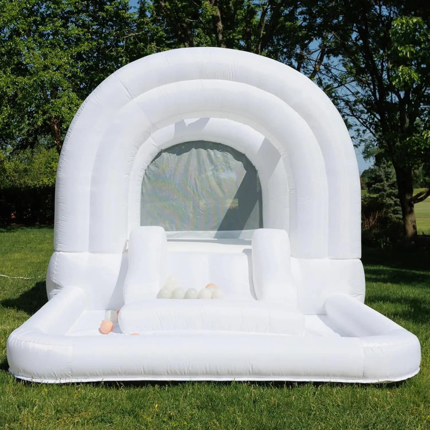 White Bounce House with Slide,Blower Included, Bouncy House with Basketball Hoop, Pastel Plastic Balls, Trendy Bouncer for Kids