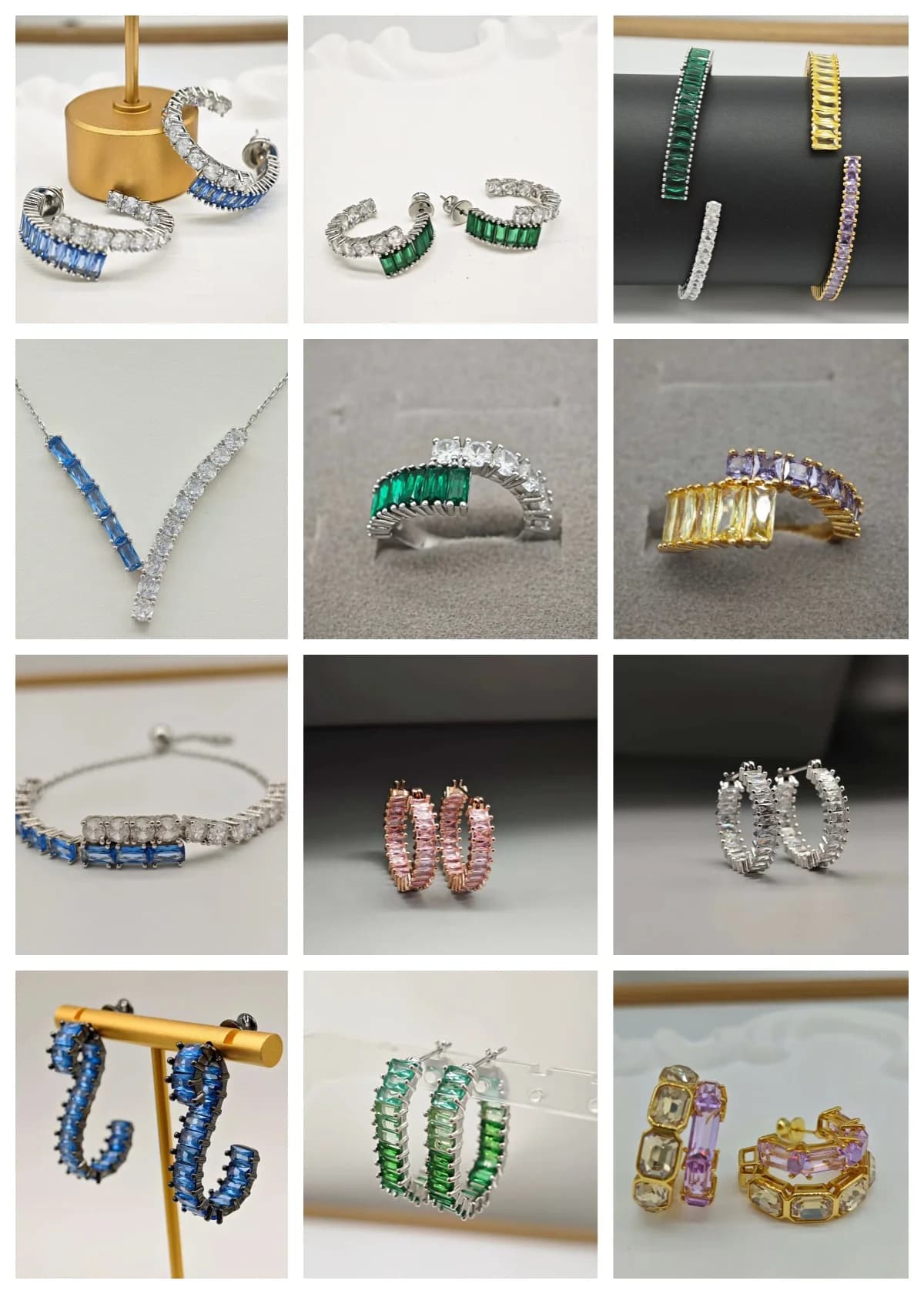 Orecchini di cristallo geometrici da donna Nuovo set di alta gioielleria di lusso leggero 2025 Viola Verde Blu Rosa Collana Bracciale Anello Moda