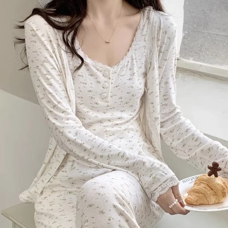 Women's Three Piece Cardigan Sweet Lace Cardigan Floral Canotta Homewear Long Sleeves Long pants Women's Intimo Fantasy