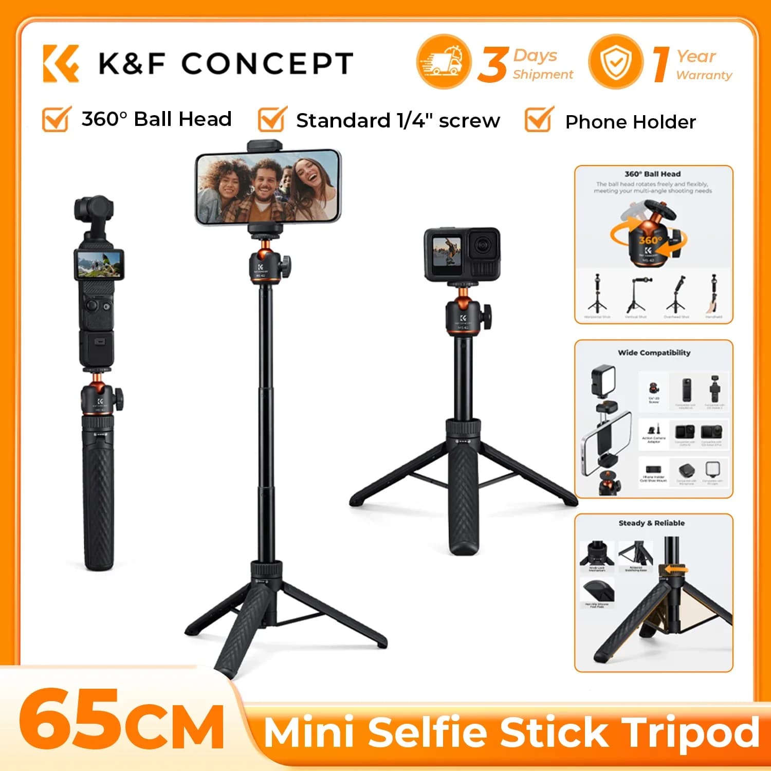 K&F CONCEPT Mini Treppiede per Selfie Stick con 5 Livelli di Regolazione e Rotazione a 360° ° Treppiede Tascabile con Testa a Sfera da 25,6'' per DJI Osmo Pocket 3 Action 5 Pro GoPro