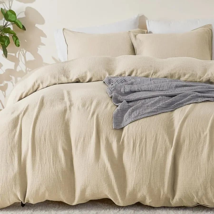 Set Copripiumino in Cotone Muslin Color Beige Chiaro Misura Queen, Simile al Lino, Morbido, Traspirante, Leggero, Set Copripiumino Estivo con Cerniera