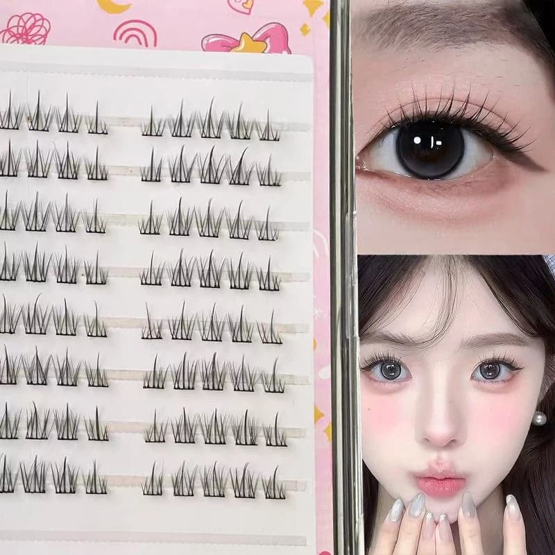 Ciglia Finte Autoadesive 80 Cluster, Curvatura C, Naturali, Incrociate, Stile Cat Eye, Effetto Bambola, Lunghezza 10-12mm, Adatte ai Principianti