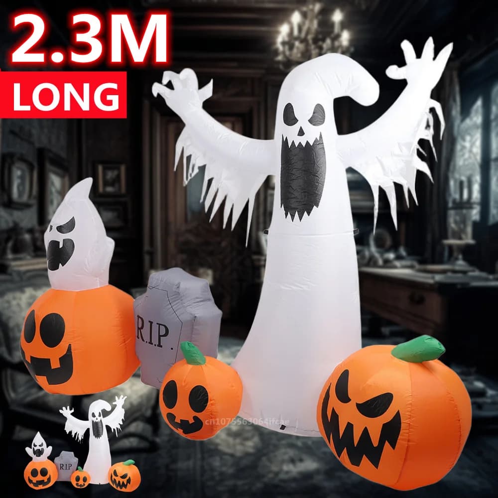 2.3M Halloween Inflatable Pumpkin White Ghost Tombstone Built-in LED Lights Halloween Party Indoor Outdoor Inflatable Ornament