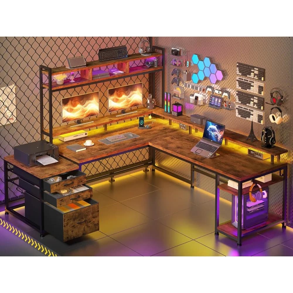 104" L Shaped Desk, 4 Layout Convertible RGB Lights & Monitor Stand | 4-Layout L Shaped Home Workstation,, Customized