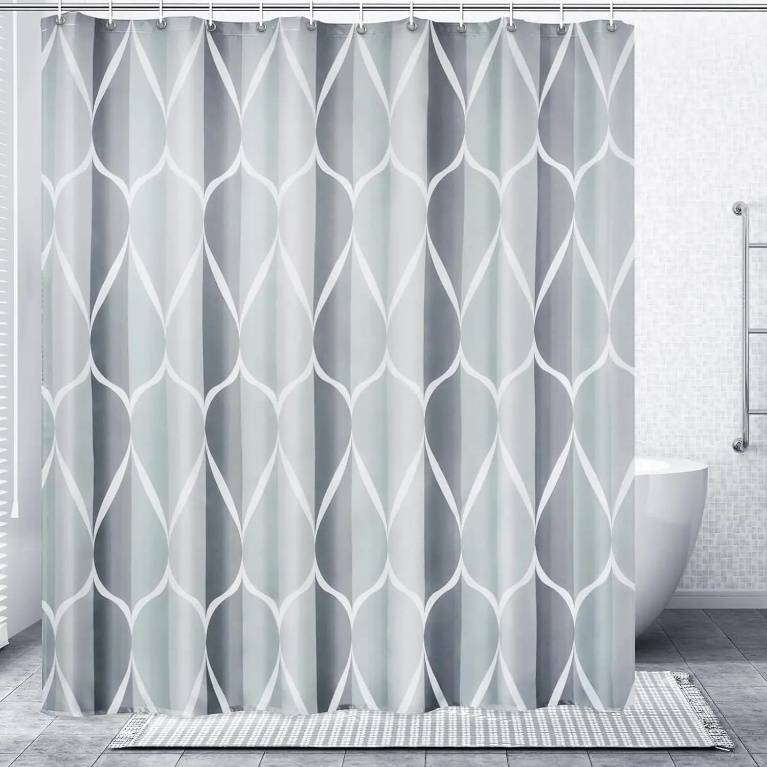 Set Tenda Doccia Impermeabile Grigia, Poliestere ad Asciugatura Rapida con Orlo Pesante, 183x183 cm, Lavabile in Lavatrice, Include 12 Ganci