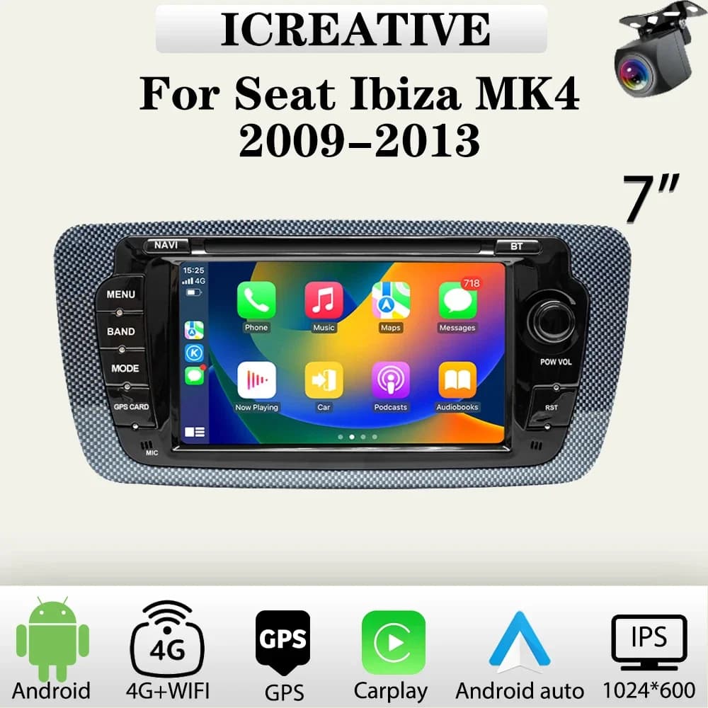 Autoradio screen 2 DIN for Seat Ibiza 6j 2009-2013 with CarPlay wireless Android Auto GPS navigation 4G WiFi FM RDS Multimedia