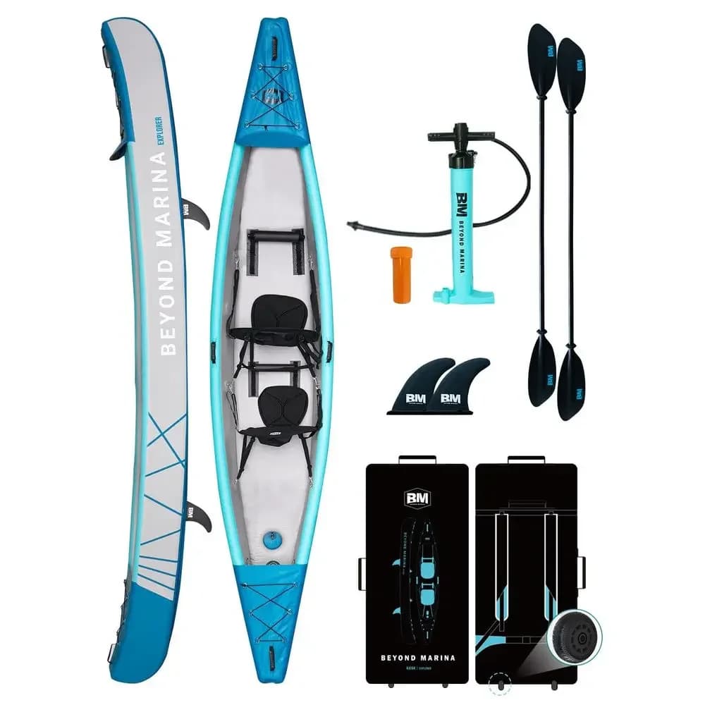 Kayak Gonfiabile per 1, 2 o 3 Persone, Kayak per Adulti Completamente Gonfiabile con Pagaie in Alluminio, Sedili, Poggiapiedi, Pompa, Pinne