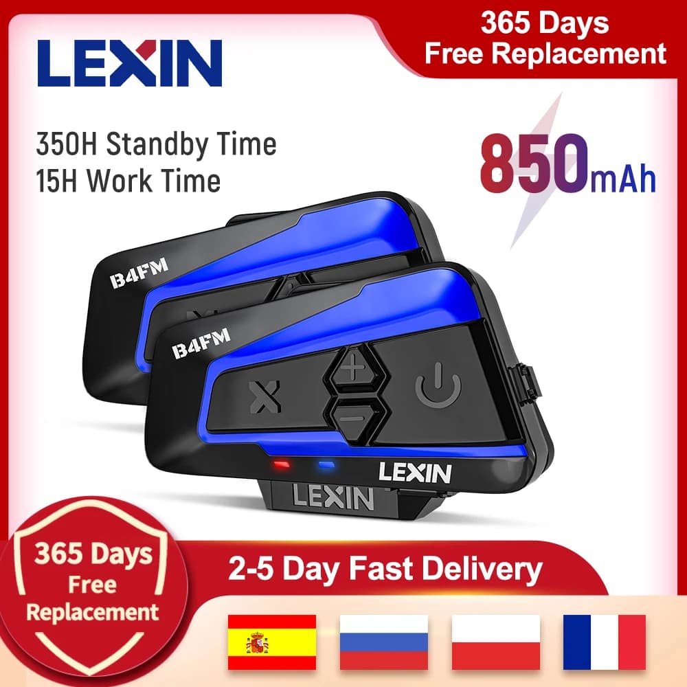 Interfono Bluetooth per Casco Moto Lexin, Comunicazione Wireless BT per 4 Motociclisti, 1600M, Intercomunicador Moto B4FM