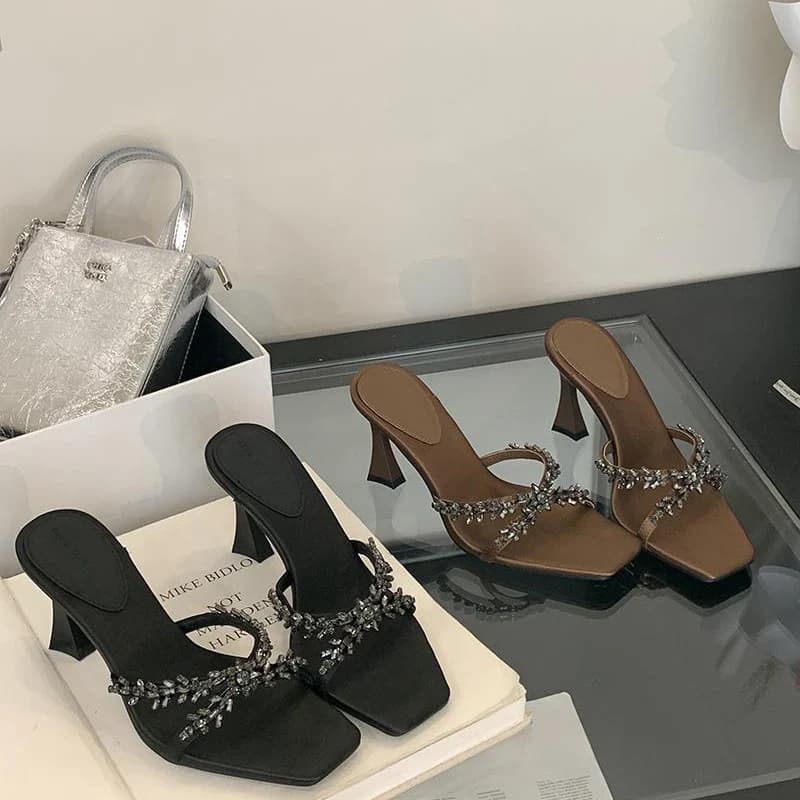 Pantofole estive con tacco alto da donna Ciabatte con punta aperta in cristallo alla moda Scarpe eleganti da sera per esterni