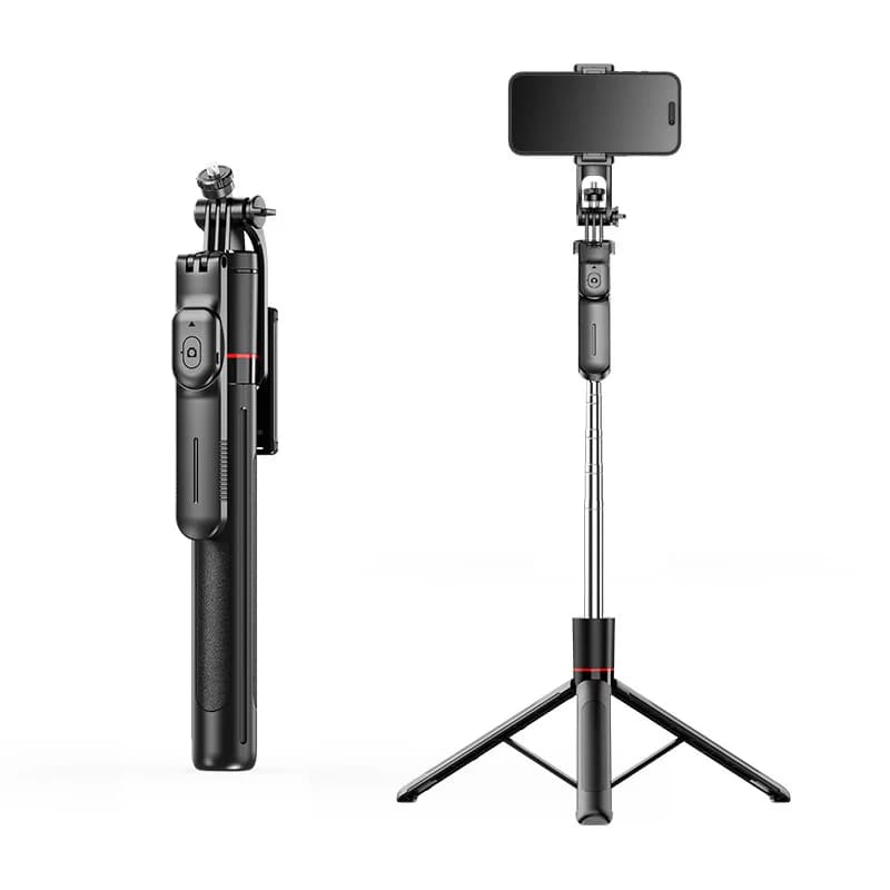 Supporto per telefono con treppiede e selfie stick telescopico anti-vibrazione, con telecomando Bluetooth per live streaming.