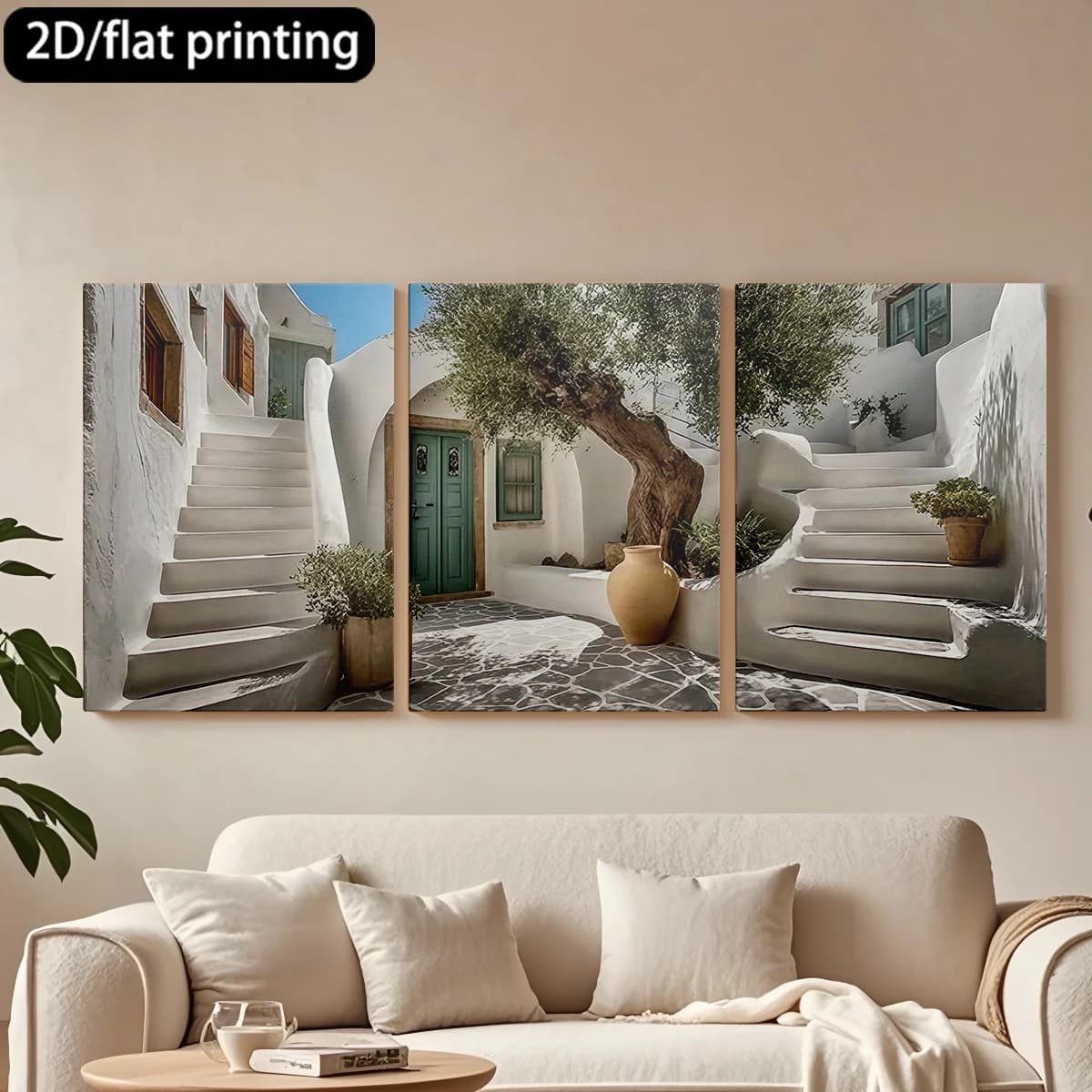 Stampa piatta 2D, tela decorativa con cornice in legno in 3 pezzi, pittura decorativa per cortile mediterraneo, albero d'olivo. Decorazione per corridoio e camera da letto.