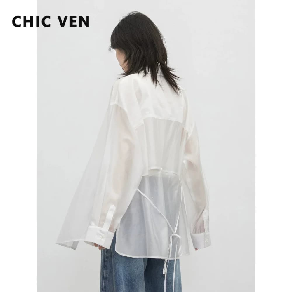 CHIC VEN Women Shirt New Design Back Hollow Lace Up Sunscreen Blouses Lightweight Slightly Transparent Female Coat Summer 2026