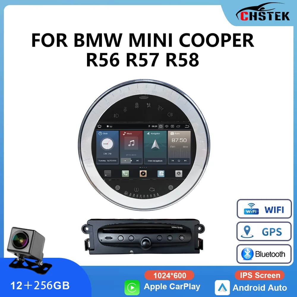 CHSTEK Autoradio Android per BMW MINI COOPER R56 Wireless Carplay e Android Auto Navigazione GPS Bluetooth WiFi 4G Touchscreen