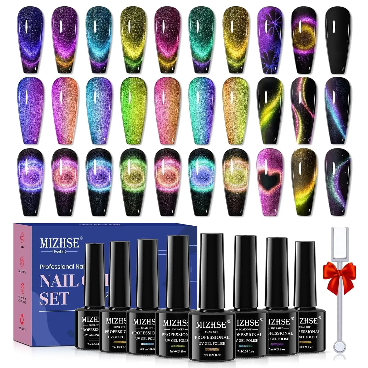 Kit Smalto Gel Effetto Occhio di Gatto 9D in 8 Colori con Bastoncino Magnetico, Effetto Glitter Galassia Camaleonte, Design per Nail Art Rimovibile