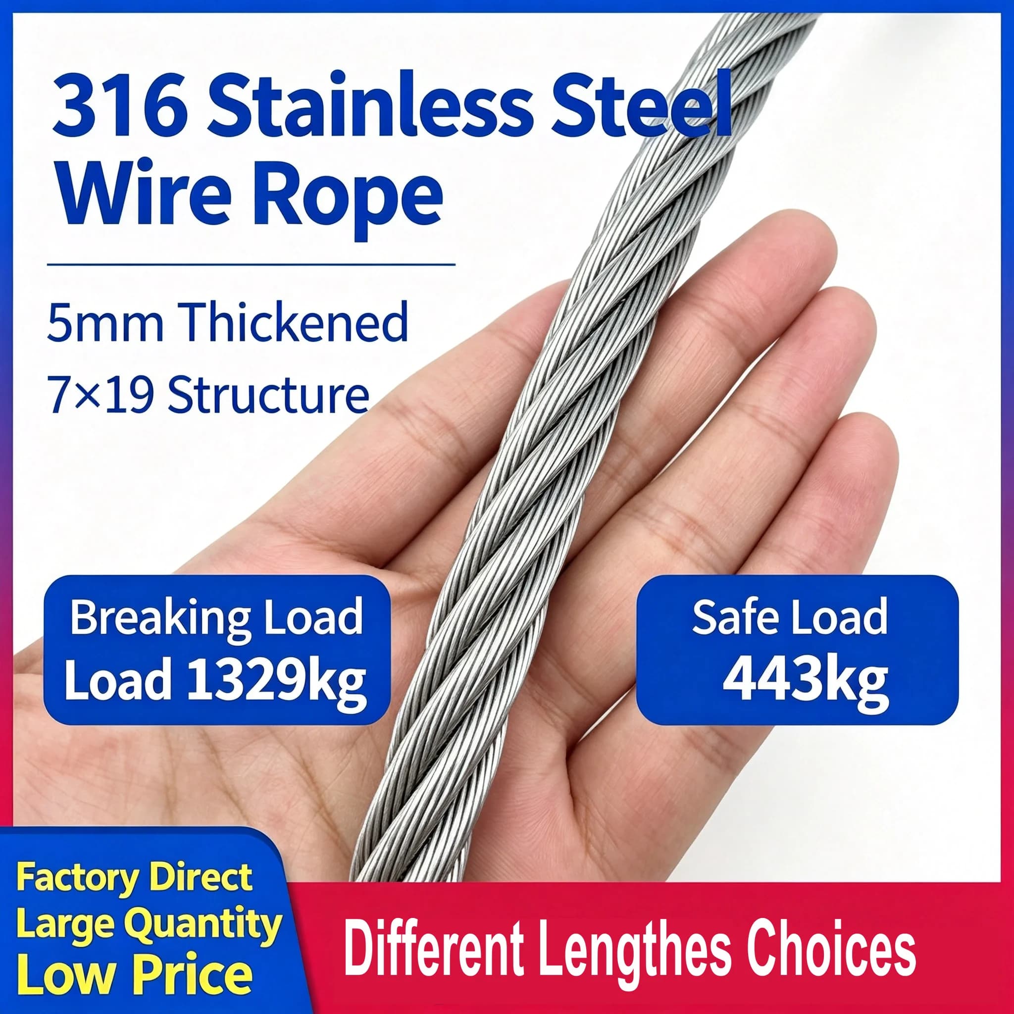 20/50/100Meters 7x19 Structure 5MM Diameter Marine Grade Stainless Steel 316 Wire Rope Cable